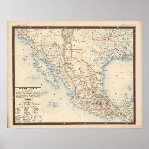 Mexico and Texas Map Poster