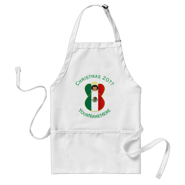 Mexico Angel Christmas Flag Personalize Green Text Adult Apron (Front)