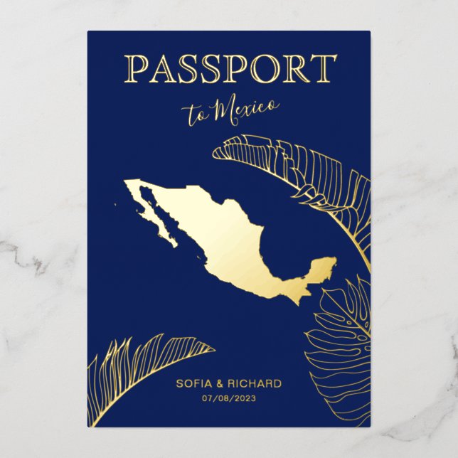 Mexico Beach Destination Wedding Passport Foil Invitation (Front)