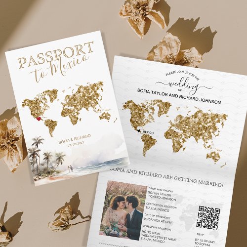 Mexico Beach Destination Wedding Passport QR code Invitation