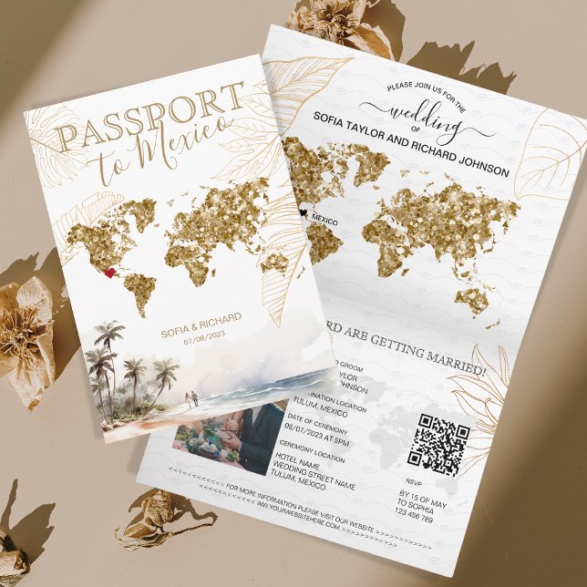 Mexico Beach Destination Wedding Passport QR code Invitation (beach golden glitter world map)