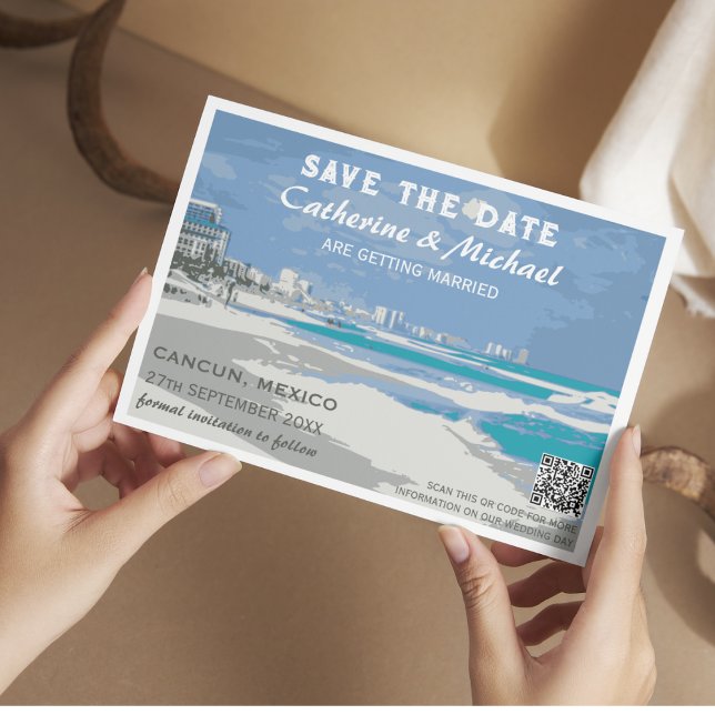 Mexico Beach Wedding Travel Poster Style QR Code  Save The Date (Creator Uploaded)