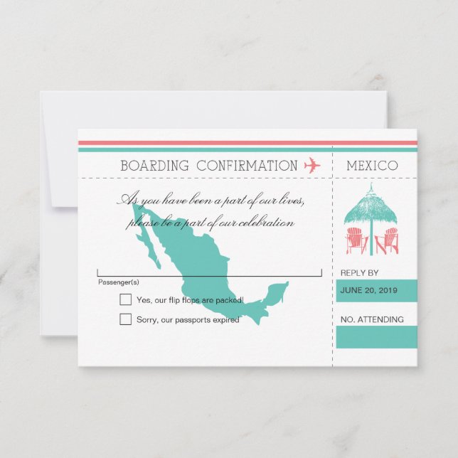 Mexico Boarding Pass Beach Hut RSVP Card (Front)