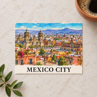 Mexico City Watercolor Skyline Travel Postcard