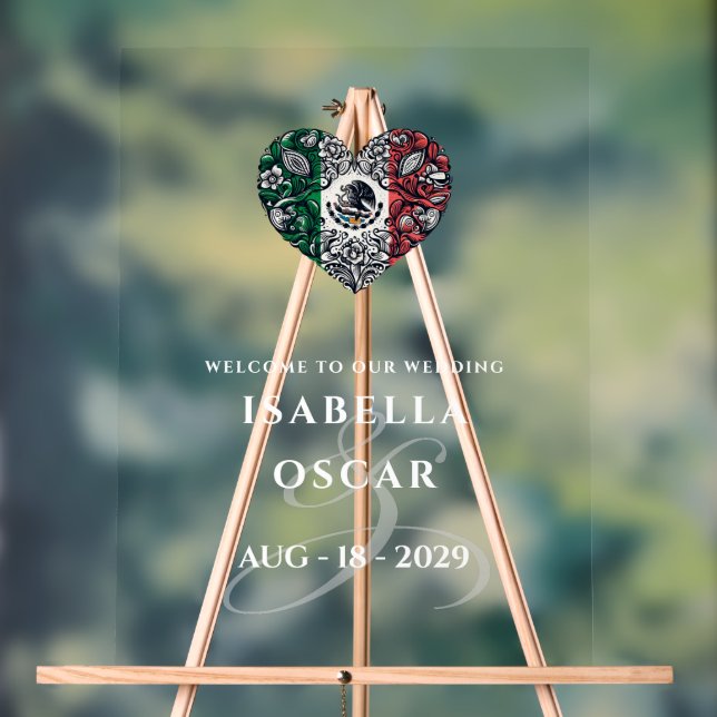 Mexico Couple Heart Wedding Welcome Acrylic Sign (Neutral)