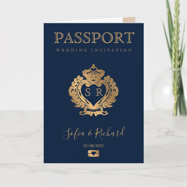 Mexico Destination Wedding Passport Gold Crest Invitation (Front)