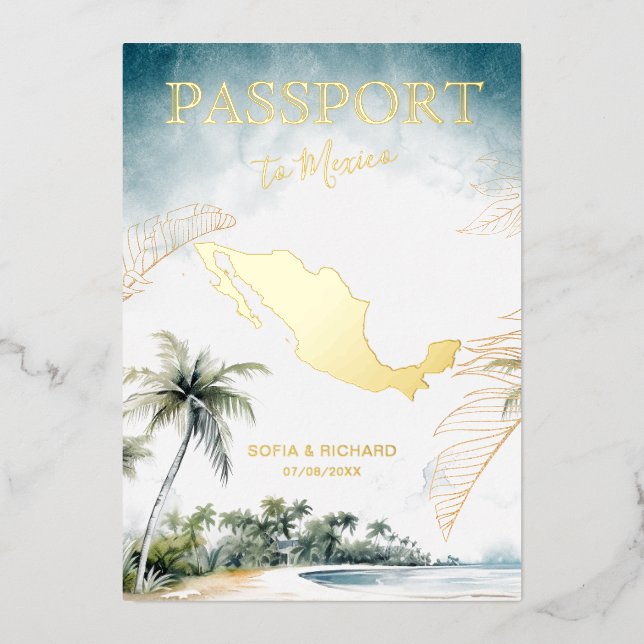 Mexico Destination Wedding Passport Gold Foil Invitation (Front)