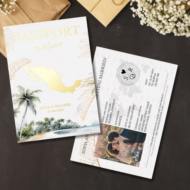 Mexico Destination Wedding Passport Gold Foil Invitation (Gold foil Mexico passport wedding invitation)