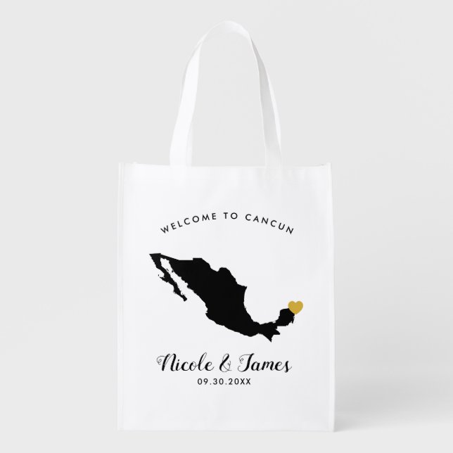 Mexico Destination Wedding Welcome Bag, Gold Heart Grocery Bag (Front)