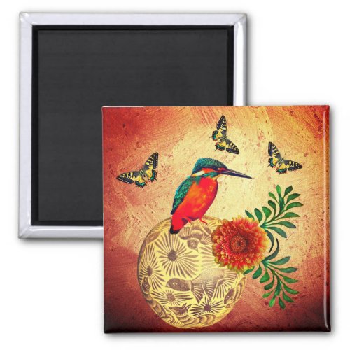 Mexico Earth Tones W Red Bird Butterfly  Flower Magnet