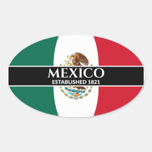 Mexico Established 1821 Mexican Flag White Text Oval Sticker