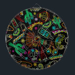Mexico Fiesta Pattern  Dart Board<br><div class="desc">Joyful and Colorful Line Art Mexico Fiesta Pattern,  composed by Typical Elements like sugar skulls,  maracas,  inca warrior,  aztec warrior,  chilli pepper,  cactus,  pyramid,  lime,  tequila,  sombrero,  tacos,  a chameleon,  and some floral ethnic and decorative elements. Original Vector Art Copyright BluedarkArt.</div>