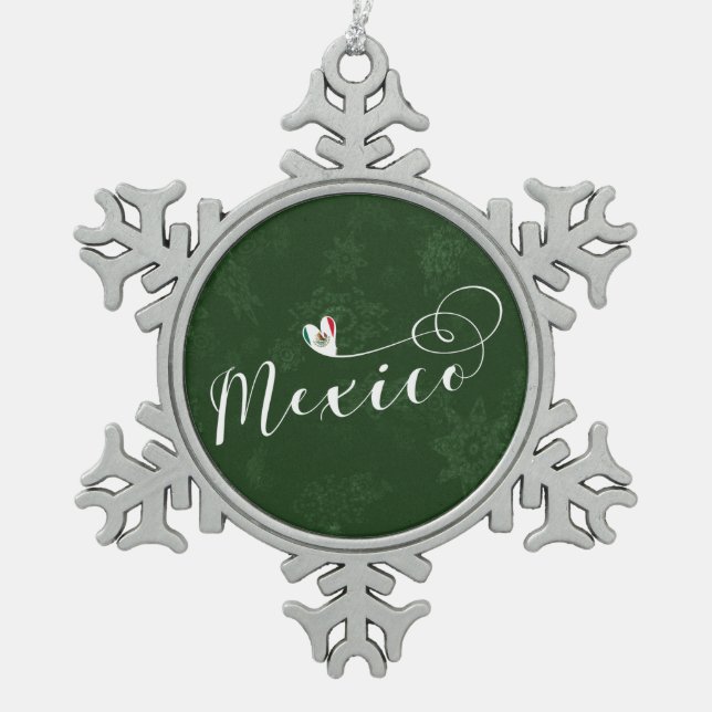 Mexico Flag In Heart, Mexicanos Snowflake Pewter Christmas Ornament (Front)