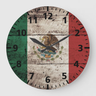 Mexico Flag on Old Wood Grain Large Clock