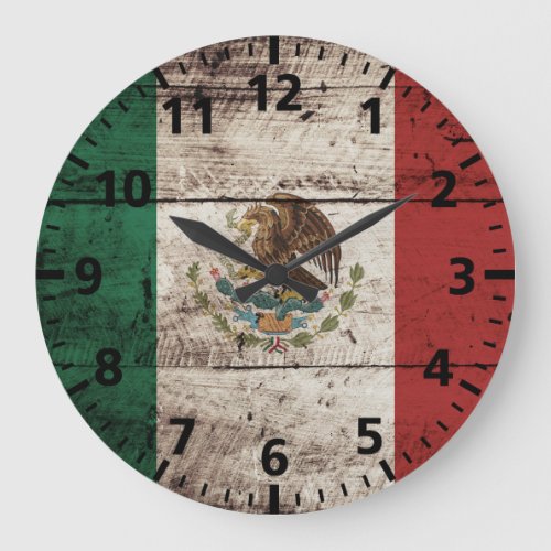 Mexico Flag on Old Wood Grain Large Clock