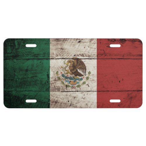 Mexico Flag on Old Wood Grain License Plate