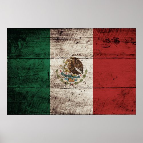 Mexico Flag on Old Wood Grain Poster