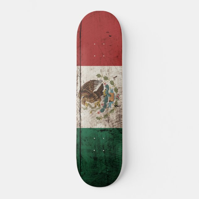 Mexico Flag on Old Wood Grain Skateboard (Front)