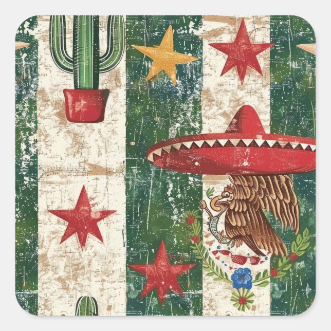 Mexico Flag Rustic Sombrero Symbols Square Sticker (Front)