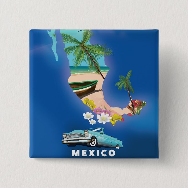 Mexico Map Illustration travel poster. Button (Front)