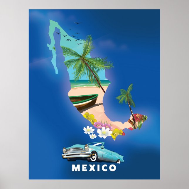 Mexico Map Illustration travel poster. Poster (Front)