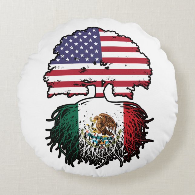 Mexico Mexican American USA Tree Roots Flag Round Pillow (Front)