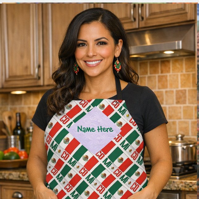 Mexico Mexican Flag Tiled Green Personalized  Apron (Personalized apron shows tiled Mexican Flag and MEXICO. Space for a name on the White fractal.)