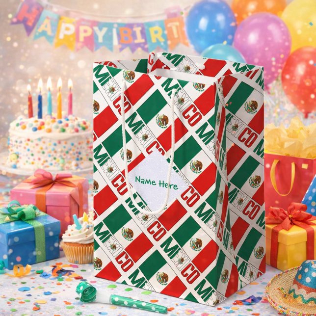 Mexico Mexican Flag Tiled Green Personalized  Medium Gift Bag (Personalized medium gift bag has tiled Mexican Flag and MEXICO. Add name inside white fractal.)