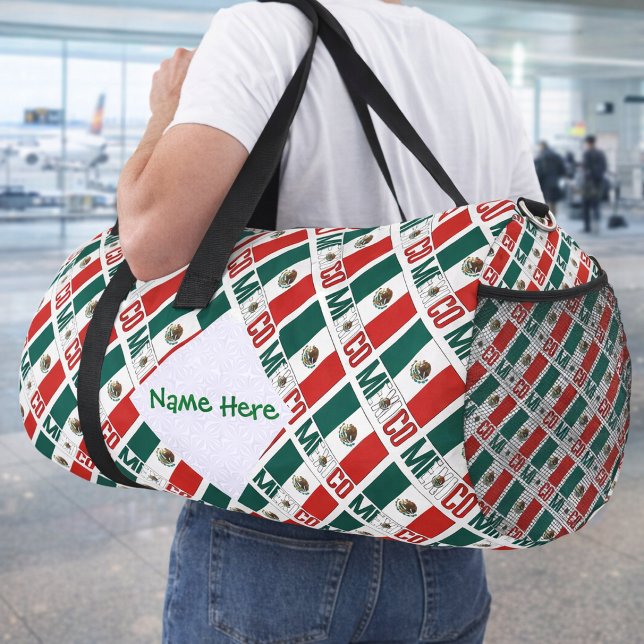 Mexico Mexican Flag Tiled Personalized Green Name Duffle Bag (Personalized duffel bag has tiled Mexican Flag and MEXICO in flag colors. White fractal for name.)