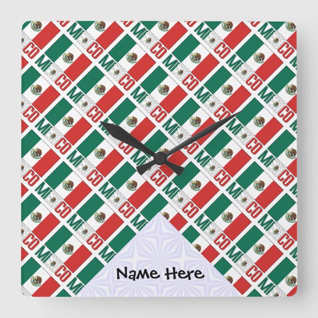 Mexico Mexican Flag Tiled Personalized Name  Square Wall Clock (Front)