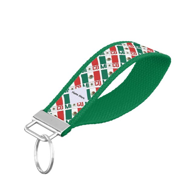 Mexico Mexican Flag Tiled Personalized  Wrist Keychain (Angled Down)