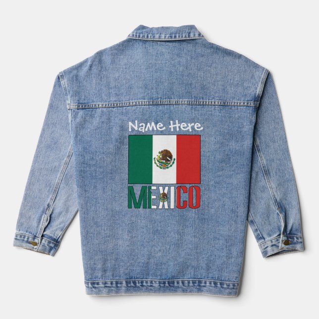 Mexico Mexican Flag White Personalized Name  Denim Jacket (Back)