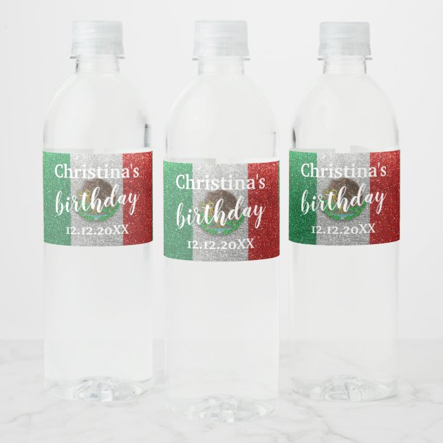Mexico Mexican Glitter Birthday Party Weddings Water Bottle Label (Bottles)