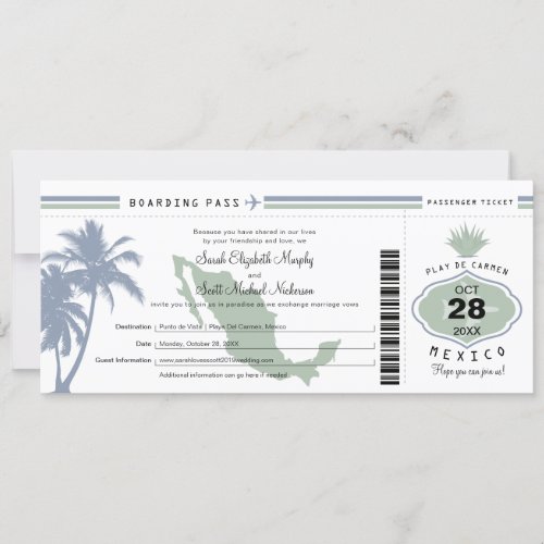 Mexico Palm Tree Agave Boarding Pass Wedding Invitation