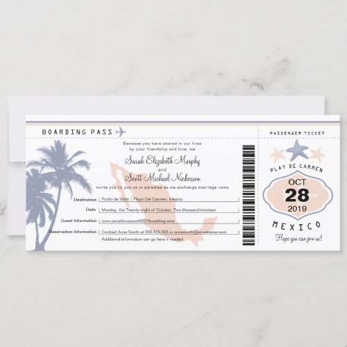 Mexico Palm Tree Starfish Boarding Pass Wedding In Invitation