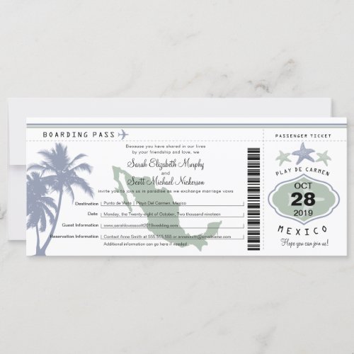 Mexico Palm Tree Starfish Boarding Pass Wedding In Invitation