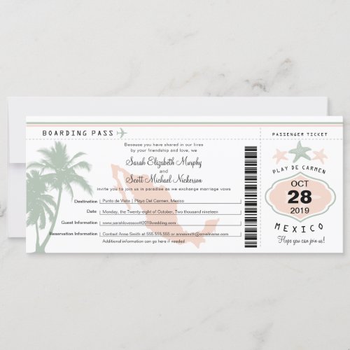 Mexico Palm Tree Starfish Boarding Pass Wedding In Invitation