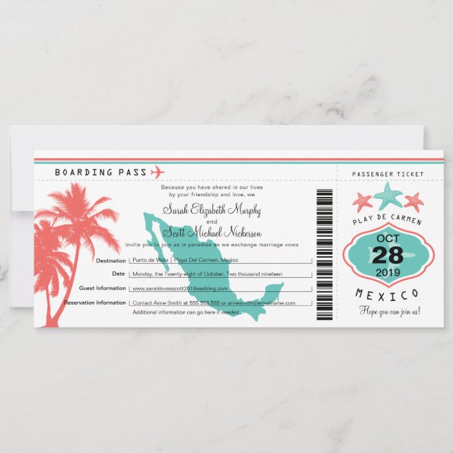 Mexico Palm Tree Starfish Boarding Pass Wedding Invitation (Front)