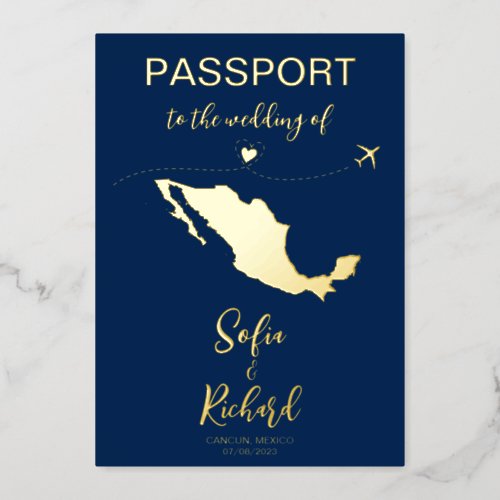 Mexico Passport Wedding Destination Gold  Foil Invitation