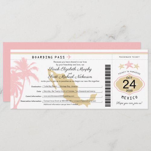 Mexico Pink Gold Boarding Pass Wedding Invitation