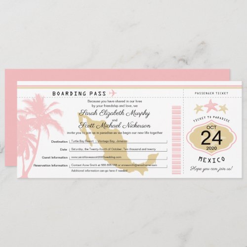 Mexico Pink Gold Boarding Pass Wedding Invitation