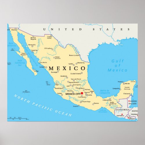 Mexico Political Map Poster