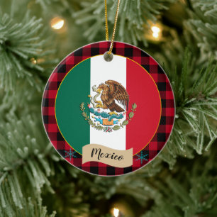 Mexico, Red buffalo plaid & Mexican Flag Ceramic Ornament