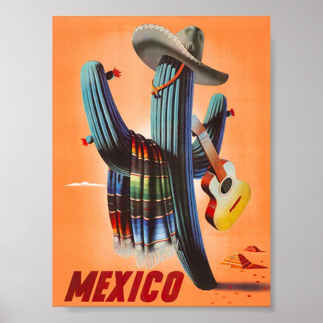 Mexico Retro Vintage Travel Poster with Cactus (Front)