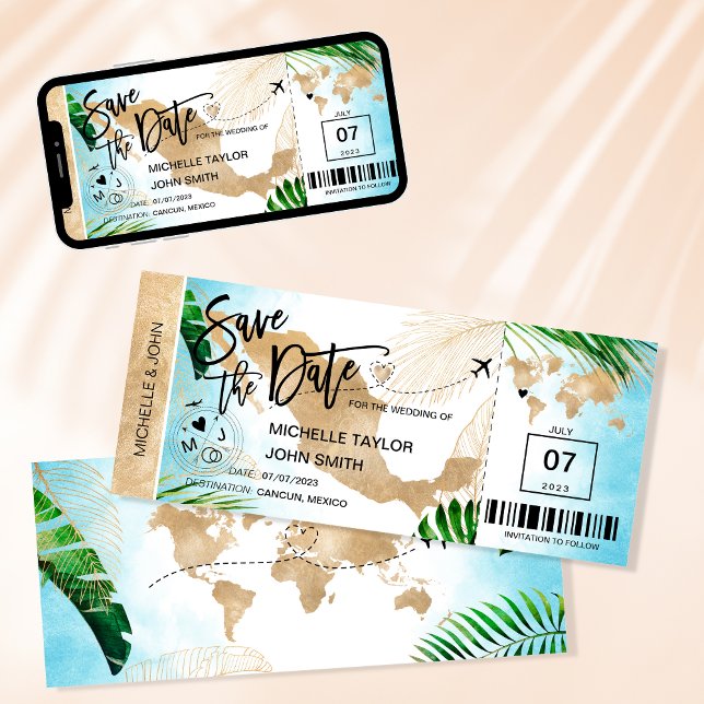 Mexico Save the Date Boarding Pass World Map Invit Invitation (Creator Uploaded)
