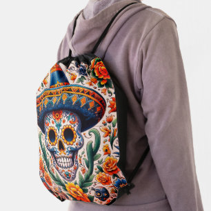 Mexico Travel Vintage Retro Sugar Skull Drawstring Bag