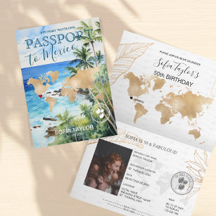 Mexico Tropical Palm Tree Birthday Passport Map Invitation