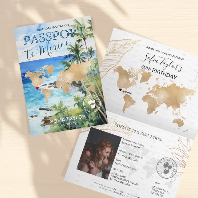 Mexico Tropical Palm Tree Birthday Passport Map Invitation (Creator Uploaded)