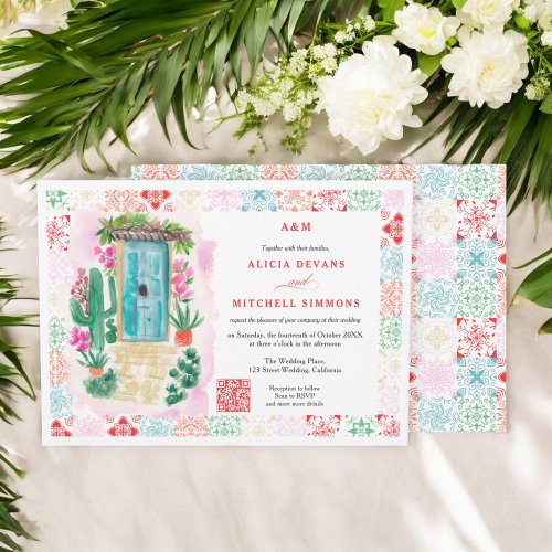 Mexico tropical watercolor QR destination wedding  Invitation