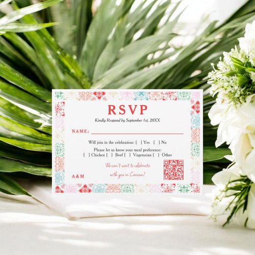 Mexico tropical watercolor QR destination wedding  RSVP Card